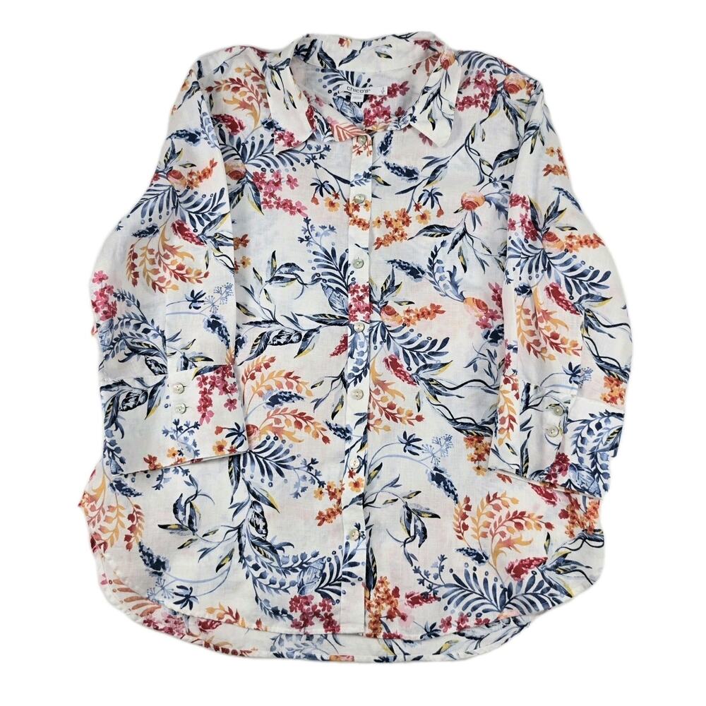 Chico's 100% Linen Sealife No Iron Floral Button Down Shirt 3/4 Sleeve Size 12